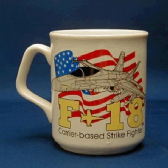 F-18 HORNET COFFEE MUG WITH US FLAG BEHIND